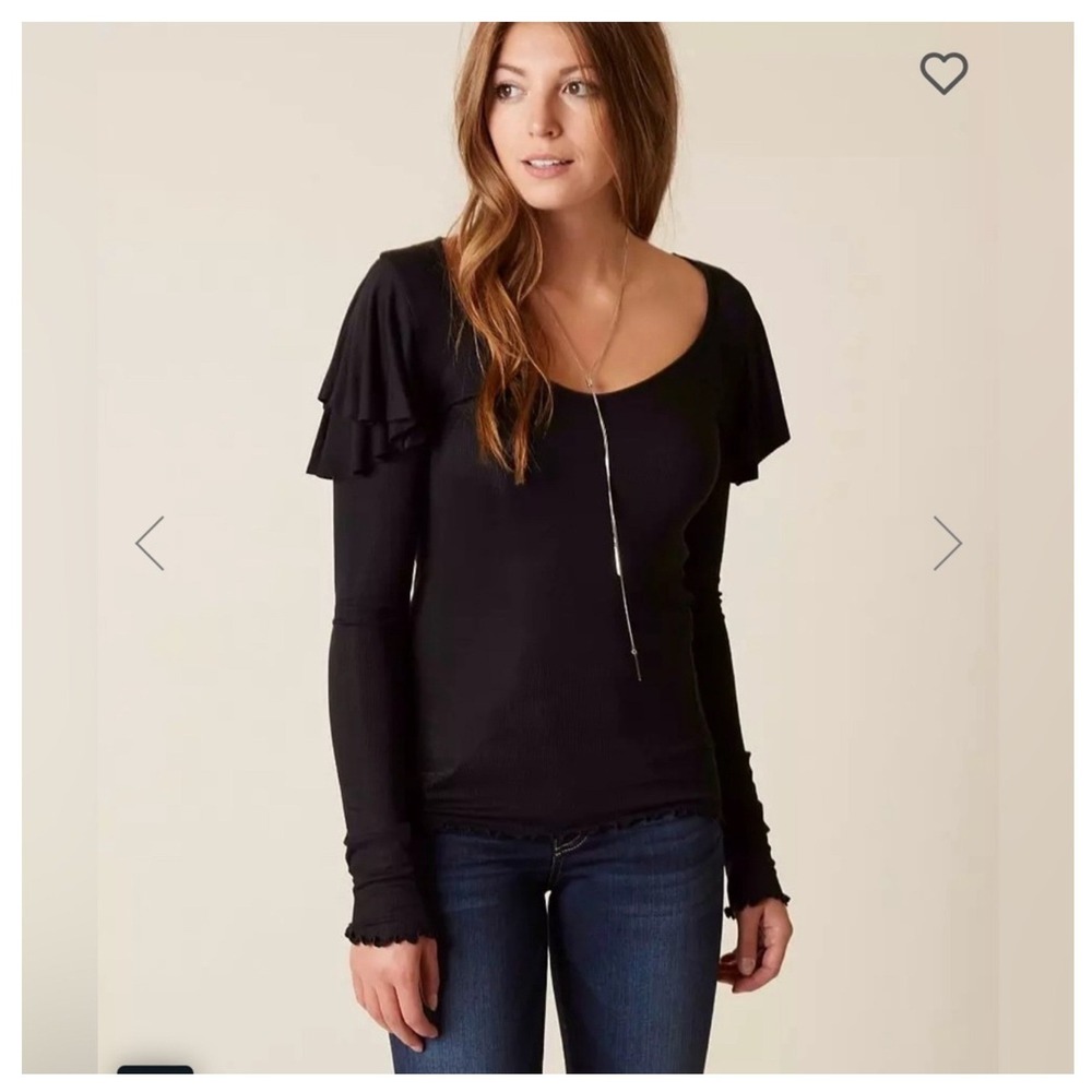 Free People On Rewind Top S Black Ruffle Sleeve Ribbed Knit Tee Witchy Cowboy